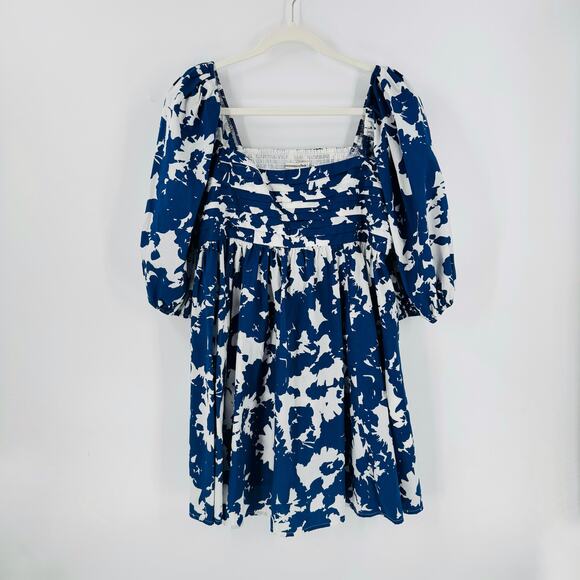 Abercrombie & Fitch Blue White Emerson Smocked Poplin Puff Sleeve Mini Dress XL - Picture 9 of 9